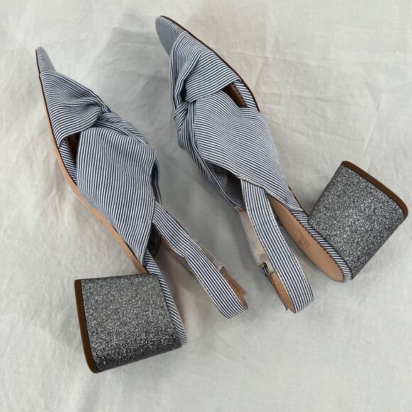 J. CREW Twisted-Knot Penny Sandals 8.5 Blue White Pinstripe Glitter Block Heel - Picture 6 of 10